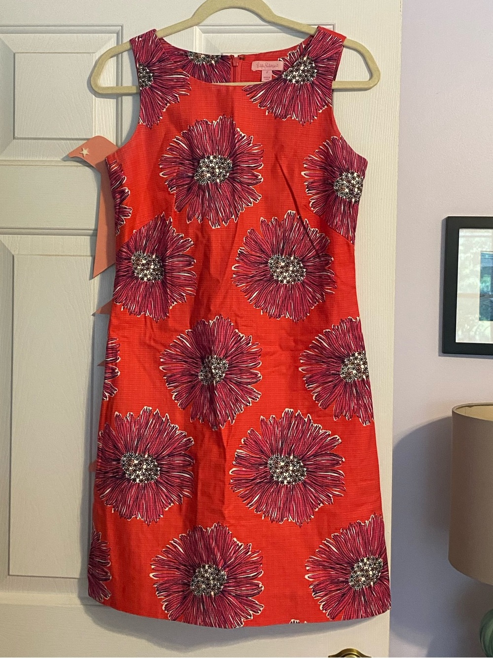 Lilly Pulitzer Coral Shift Dress with Pink Floral Medallions